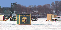 Green Bay Packer ice Fishing Shanty on Fox Lake, Wisconsin